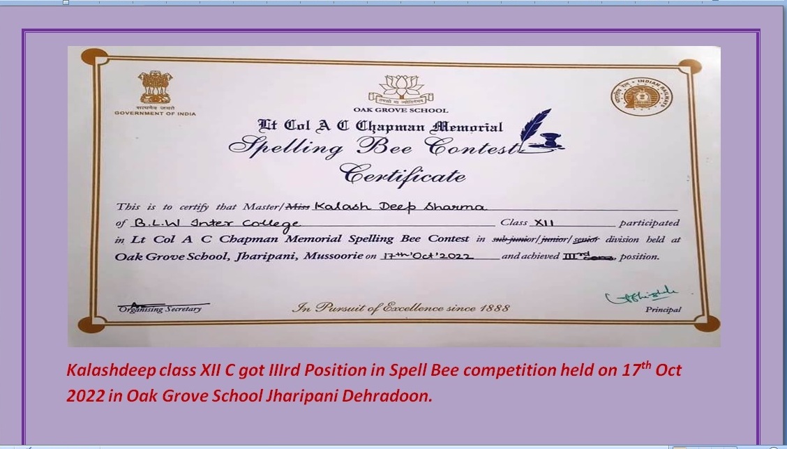 All India Railway Spelling Bee Competition Third Place Holder at Oak Grove School,Dehradun
